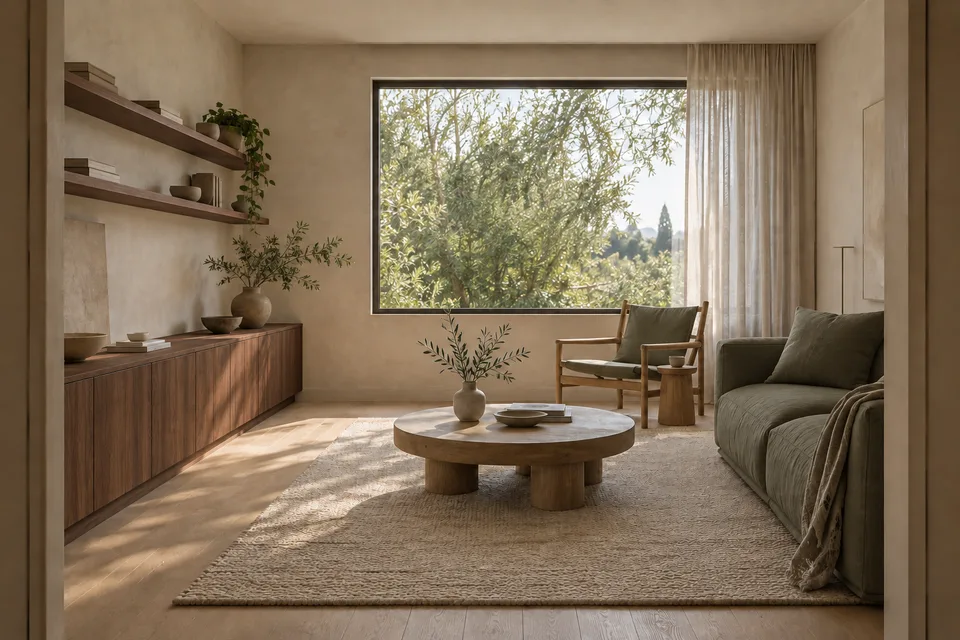 Deep Olive: Darker joinery and olive upholstery give the same room a deeper character. An alternative study; Quiet Oak continues into the sample drawings.