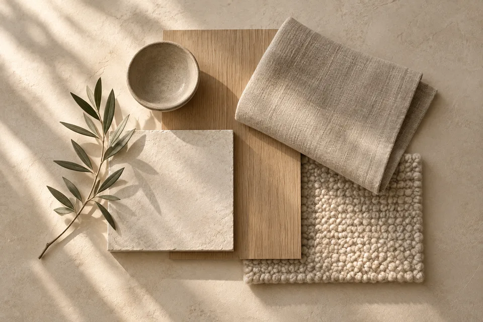 Oak, linen, mineral finish, and wool samples arranged on an ivory worktable