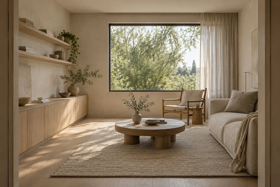 Quiet Oak concept: oak storage, linen seating, and warm daylight in The Window Room